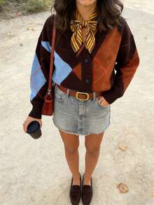 大码女士时尚优雅百搭菱格纹几何图案撞色纽扣V领长袖开衫 - 彩色 - 查看 12