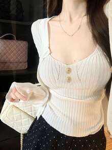 2件套 女士金属扣长袖针织开衫短外套+吊带背心，春夏款 - 杏色 - 查看 1