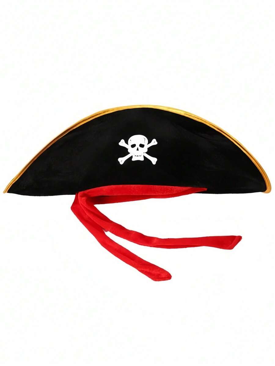 Caribbean - Style Pirate Captain Hat With Gold - Trimmed Edges, Red - Ribboned Skull Pirate Hat, Cosplay Performance Costume Prop - Multicolor - View 1
