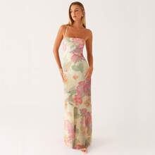 Women's Summer Boho Floral Print Cami Dress Bodycon Long Maxi Dress Spaghetti Straps Sleeveless Square Neck Self-Tie Lace Up Backless Cocktail Party Dresses Beach Dress - Màu be - Xem 2