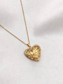 1pc Stainless Steel Minimalist Heart-Shaped Locket Necklace, DIY Photo Storage, Holiday & Commemorative Gift, Valentine's Day Gift - Yellow Gold - View 1