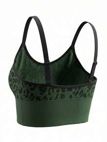 Oillpretty 1pc Green Leopard Print Sports Bra, Adjustable Spaghetti Strap, Medium Support, Comfortable Seamless Fabric, Suitable For Yoga, Fitness, Running, Low-Impact Sports And Casual Wear - Green - View 6