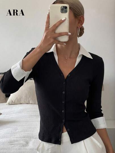 ARA CHIC Women's Black & White Contrast Collar Faux Two Pieces Ribbed Long Sleeve Sweater, Retro Collegiate Style, Fitted Waist Design, Patchwork Top, Suitable For Daily Commute, 2026 Spring New Arrival