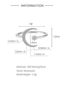 Adjustable Moissanite Star & Moon Design 925 Sterling Silver Ring, Elegant Women's Anniversary/Birthday/Valentine's Day Gift