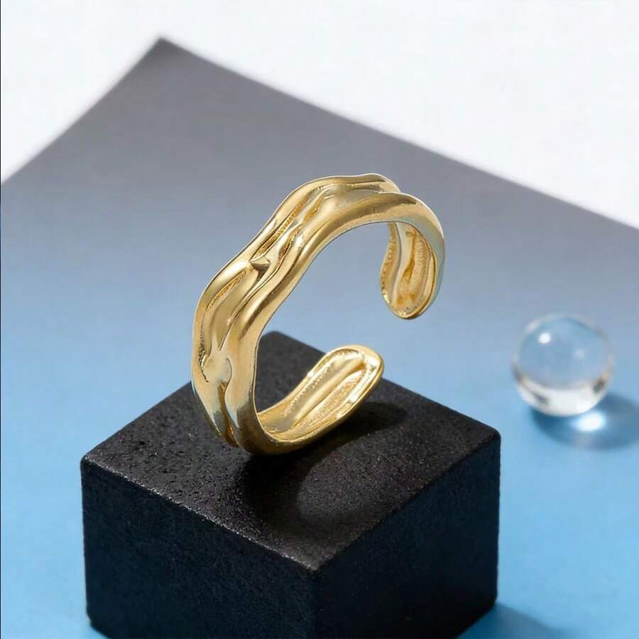 COINBUFF 1pc Minimalist Textured Line Stainless Steel Plated Gold Adjustable Non-Fading Ring, Suitable For Daily Wear And Holiday Gifts - As Shown - View 1