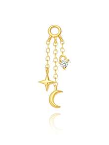 EleRunis 1PC 925 Sterling Silver Moon Star Piercings Earrings Three Chain Charm Flat Back Cartilage Helix Piercing Fine Jewelry For Daily Wear Wedding Party Engagement Anniversary Valentine's Day - Gold - View 6