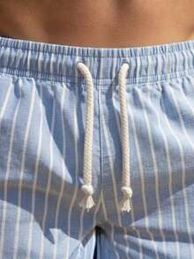 Men's Premium Linen Shorts With Drawstring, Cool And Comfortable Fabric, Perfect For Everyday Wear, Leisure, Summer, New Year's Eve, And Holidays. - 藍條紋 - 查看 2