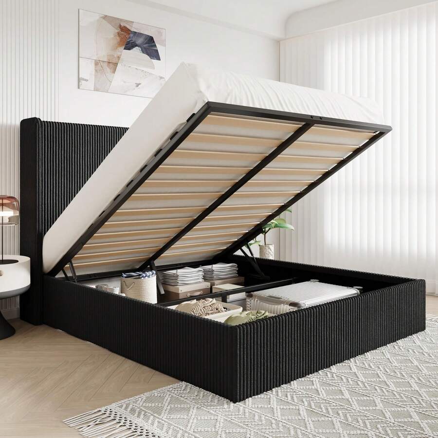 Allewie Full/Queen/King Size Lift-Up Storage Bed Frame With Modern Wingback Headboard, Corduroy Upholstered Platform Bed, Hydraulic Gas Lift Support, Underbed Storage, Wooden Slats, No Box Spring Needed, Black - 黑色 - 查看 1