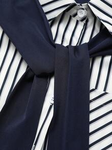 女士长袖条纹衬衫，宽松版型，可拆卸领子，四季皆宜 - 藍白色 - 查看 6