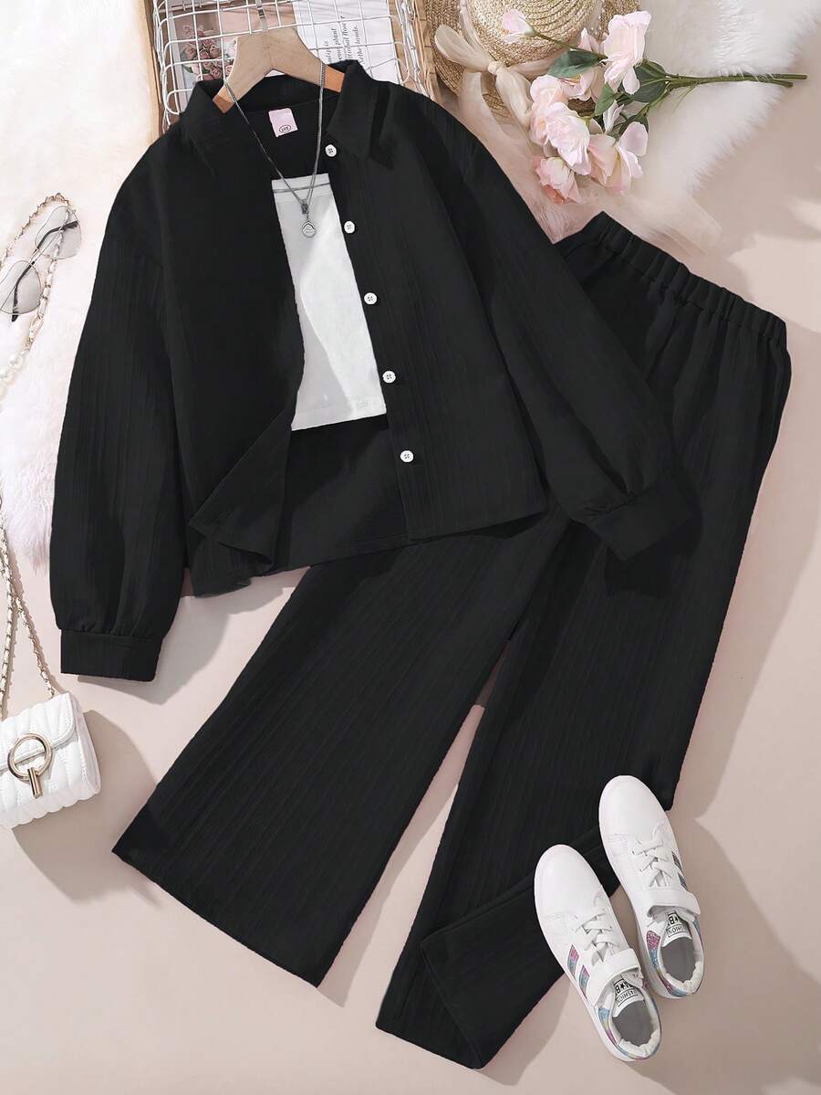Left Mama 2pcs/Set Tween Girls New Autumn Collared Long Sleeve Shirt Top And Pants - Black - View 1