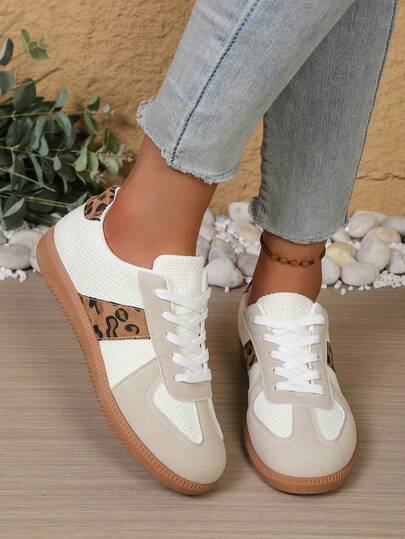Women's Leopard Print Color Block Casual Outdoor Sports Shoes, Flat Lace-Up Classic Comfortable Round Toe Slip-On Sneakers, Breathable Daily Wear Vacation Plus Size Shoes