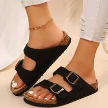 Women Shoes Comfort Straps Adjustable Buckle Flats Sandals Slides Summer Outdoor Walking Travel Cork Footbed - màu đen - Xem 11
