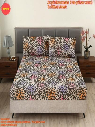 3pcs - 100% Polyester, Spotted Leopard Print Bedding Set | Fitted Sheet | Bedding Set | Multiple Sizes | Double Bed | Large Bed | Extra Large Bed | Single Bed | Mattress Protector | Bedroom | Guest Room | Dorm | Student Bed | 1 Fitted Sheet + 2 Pillowcases | No Filling