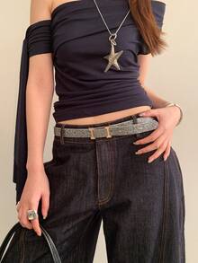 1pc Women's Silver Shiny PU Leather Casual Letter Buckle Design Versatile Belt - Silver - View 3