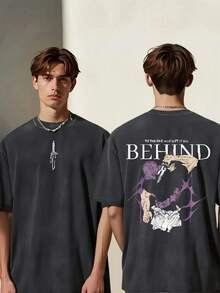 Men Shirts Men'S Vintage-Inspired Washed Acid Oversized T-Shirt - Japanese Anime Retro Graphic Print, Short Sleeve, Crew Neck, Loose Fit, All-Season Casual Streetwear Tee, Casual Wear Tee| Retro Anime Print| Durable Casualwear Men Clothes - 黑色 - 查看 2