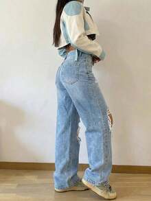 女款復古寬鬆堆疊直筒牛仔褲休閒春秋款 - 淺色水洗藍 - 查看 4