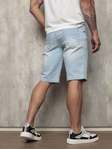 Men's Plain Denim Bermuda Shorts With Elastane - Light Wash - View 5