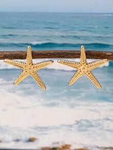 1 Pair Alloy Starfish Shaped Earrings, Suitable For Daily Commute, Beach Vacation, Party And Gathering - Yellow Gold - View 4