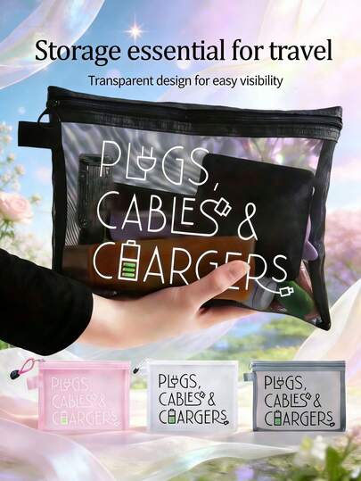 Functional And Clearly Designed: This Storage Pouch Features A Transparent Front Panel, Allowing You To Easily View And Access Your Plugs, Cables, And Chargers. The Prominent White "Plugs, Cables, And Chargers" Text Clearly Indicates Its Purpose. Available In Fashionable Black, Alluring Pink, And Neutral Gray Colors To Suit Different Style Preferences. A Great Gift Idea For Your Girlfriend On Valentine's Day, As Well As For Your Wife, Family, Friends, And Colleagues.