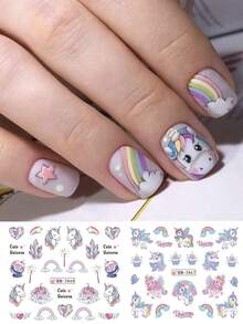 12款独角兽和马美甲贴纸，闪光水转印贴纸，彩虹爱心、月亮、星星、蛋糕、气球等彩色卡通图案，美甲装饰，DIY美甲贴纸，女士美甲配件 - 彩色 - 查看 3