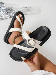 New Fashion Metal Buckle Decor Slip-On Wedge Thick Sole Slippers, Comfortable Non-Slip, Versatile, Suitable For Daily Wear - White - View 5