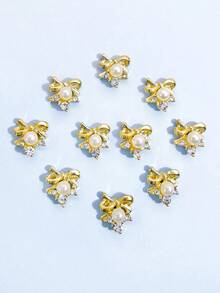 10pcs Gold & Silver Faux Pearl Bow Rhinestone Nail Art Decorations, 3D Metal Crystal Glass Nail Jewelry DIY Accessories For Women Nails Nail Supplies - Multicolor - View 5