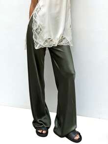 Women's Satin Silk Wide Leg Pants Low Waist Baggy Pants Lounge Bottoms Streetwear - 軍綠色 - 查看 5