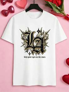 Camiseta de hombre con estampado gráfico de Los Ángeles, 100% algodón, informal, cómoda, duradera, estampado gráfico único. - Blanco - Ver 2