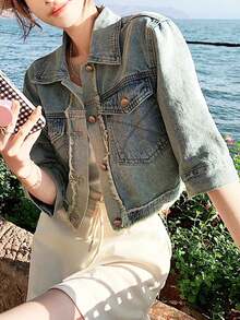 Áo khoác denim nữ tay ngắn, gấu áo rách, kiểu dáng thường ngày - Màu xanh lam - Xem 3