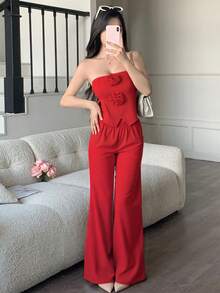 Conjunto de top  hombro descubierto de unicolor para mujer con adorno floral 3D y pantalon largo pierna ancha - Rojo - Ver 3