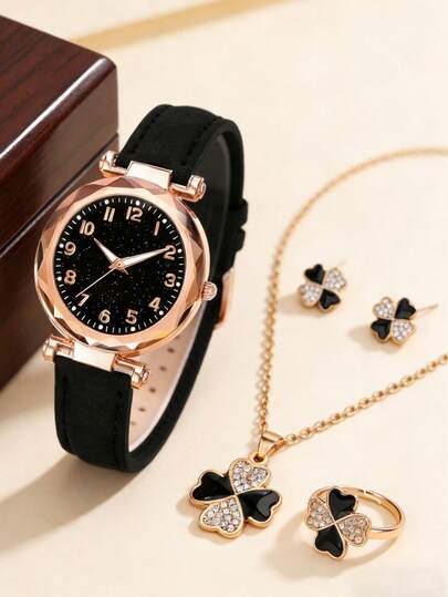 5pcs Elegant & Fashionable Quartz Watch Set With Black Floral Accessories For Teens, Plastic Case, PU Leather Strap, Rotating Hands, Faux Crystal Embellished Jewelry, Suitable For Daily Wear, Valentine's Day And Other Occasions, Great Gift For Mother, Girlfriend