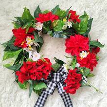 Red Geranium Wreaths For Front Door Year Round Outside, Artificial Spring Summer Wreath With Buffalo Bowknot Farmhouse Home Decor - Red - View 4