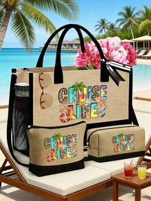 Túi xách đi biển dành cho nữ, in dòng chữ "Sailing Life" và họa tiết cây cọ, túi xách dung tích lớn với 2 ngăn đựng mỹ phẩm, điểm xuyết các yếu tố cá heo, sao, vỏ sò, thích hợp cho du lịch, cuộc sống biển, du thuyền, kỳ nghỉ biển, quà tặng sinh nhật cá nhân hóa cho bạn bè và người thân. - Nhiều màu - Xem 3