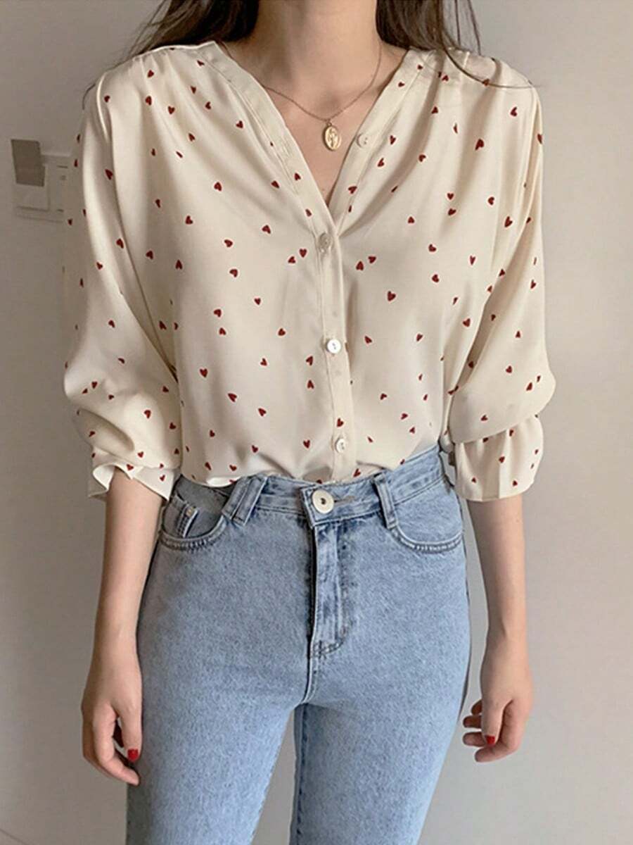 Camisa de mujer Blusa de chiffon de manga larga con estampado de corazones para mujer, estilo retro con diseño único al estilo de Hong Kong, prenda elegante y con personalidad - Albaricoque - Ver 1
