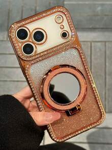 Luxury Rhinestone Bling Gradient Glitter TPU Makeup Mirror Holder Shockproof Phone Case Compatible WIth IPhone 17 Pro Max 17 Pro 17 16 Pro Max 16 Pro 16 15 Pro Max 15 Pro 14 Pro 14Plus 13 Pro Max 13 Pro 16 15 14 13 Plating Bumper Cover - Black - View 2