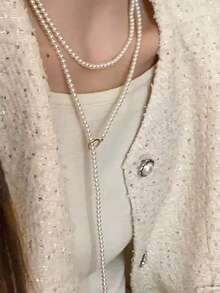 1pc French Casual Style Long Faux Pearl Sweater Chain, Luxurious Layered Pearl Sweater Chain, Suitable For Outerwear Styling, Parties And Events - Pearl - View 6