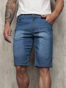 Men's Plain Denim Bermuda Shorts With Elastane - Medium Wash - View 2