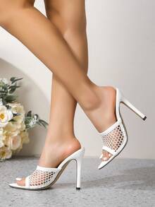 Sandalias de tacón alto sexy de malla con punta puntiaguda para mujer, elegantes y de tacón de aguja versátiles para fiestas y vestidos formales - Blanco - Ver 5