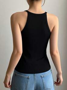 1pc Women's Basic Camisole Top, Casual Comfortable Spaghetti Strap Sleeveless Vest, Slim Fit Ribbed Seamless Cami - Black - View 8