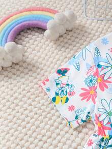 Disney 官方授权女童 - 可爱米妮两件套 - 圆领短袖上衣和长裤，米妮碎花图案，休闲夏季T恤，俏皮时尚，两件套，儿童短裤套装，女童服装 - 白色 - 查看 5