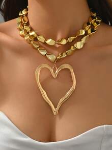 مجموعة من قلادتين مصنوعة يدويًا من سبائك معدنية ذهبية اللون بتصميم قلب مجوف مرصع بالخرز، تصميم مبالغ فيه وغير متماثل، قلادة نسائية فاخرة خفيفة الوزن مناسبة للارتداء اليومي والعطلات والحفلات - الذهبي - مشاهدة 1