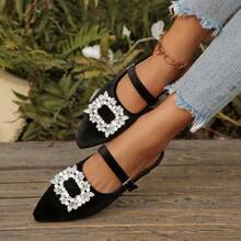 French Pointed Toe Mule Shoes, Rhinestone Embellished Slip-On Sandals, Elegant Lady Style - Black - View 3