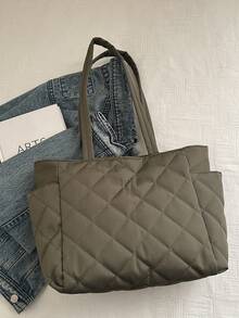 Solid Color, Lightweight, Student, College Style, Casual, Roomy Tote Bag For Hanging Out With Sisters And Friends - Army Green - View 4