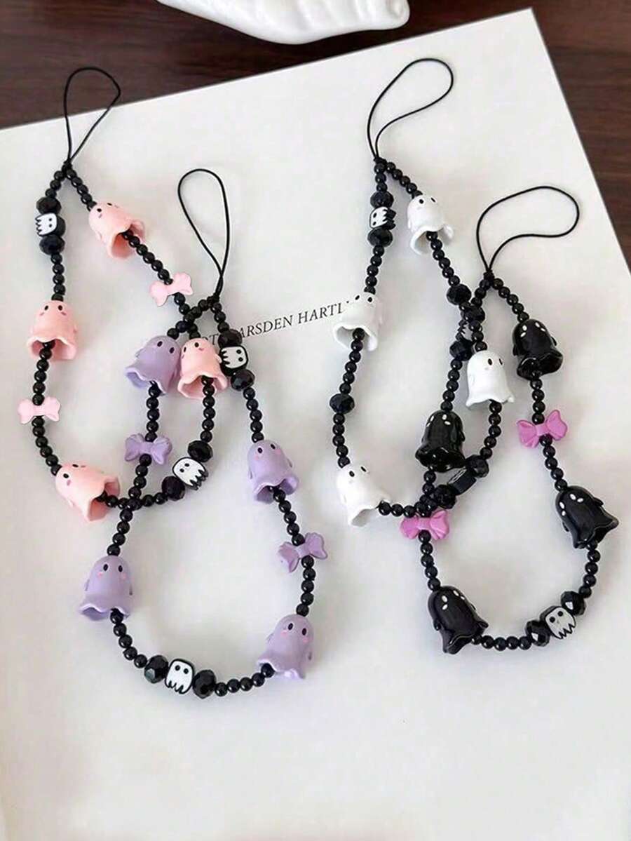 1pc New Ghost Beaded Phone Lanyard Skull Charm Phone Pendant, Anti-Lost Phone Strap - Multicolor - View 1