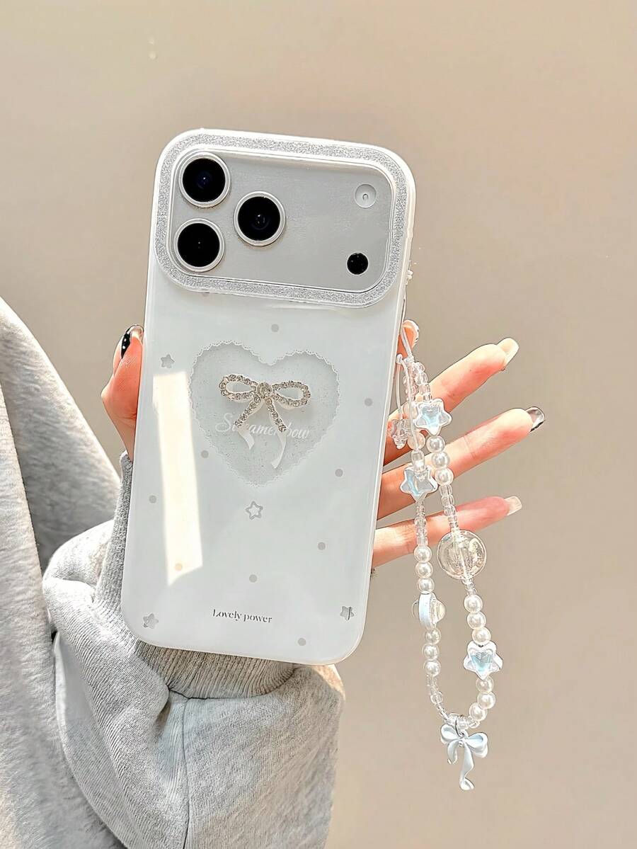 Ins Style Hollow Heart Rhinestone Bow 17 Pro Max Phone Case, Compatible With IPhone 16 Pro, 15, 14 Pro Max, 13, 16 With Chain, Glitter, Korean Style - White - View 1