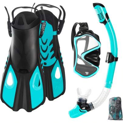Snorkel Set Adults With Flippers, Snorkel Mask With Adjustable Open-Heel Swim Fins, Snorkeling Packages With Carrying Bag For Beginners And Snorkelers For Pool, Beach & Travel