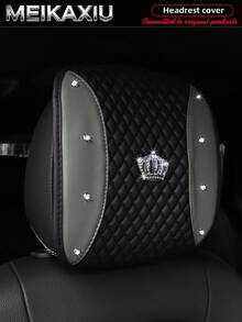 MEIKAXIU 1/2pcs Soft Leather Embroidered Rhinestone Bling Bling Crown Car Headrest Cover, Comfortable Car Decor Accessories - PU Leather Color-blocked Embroidered Diamond Crown - View 7