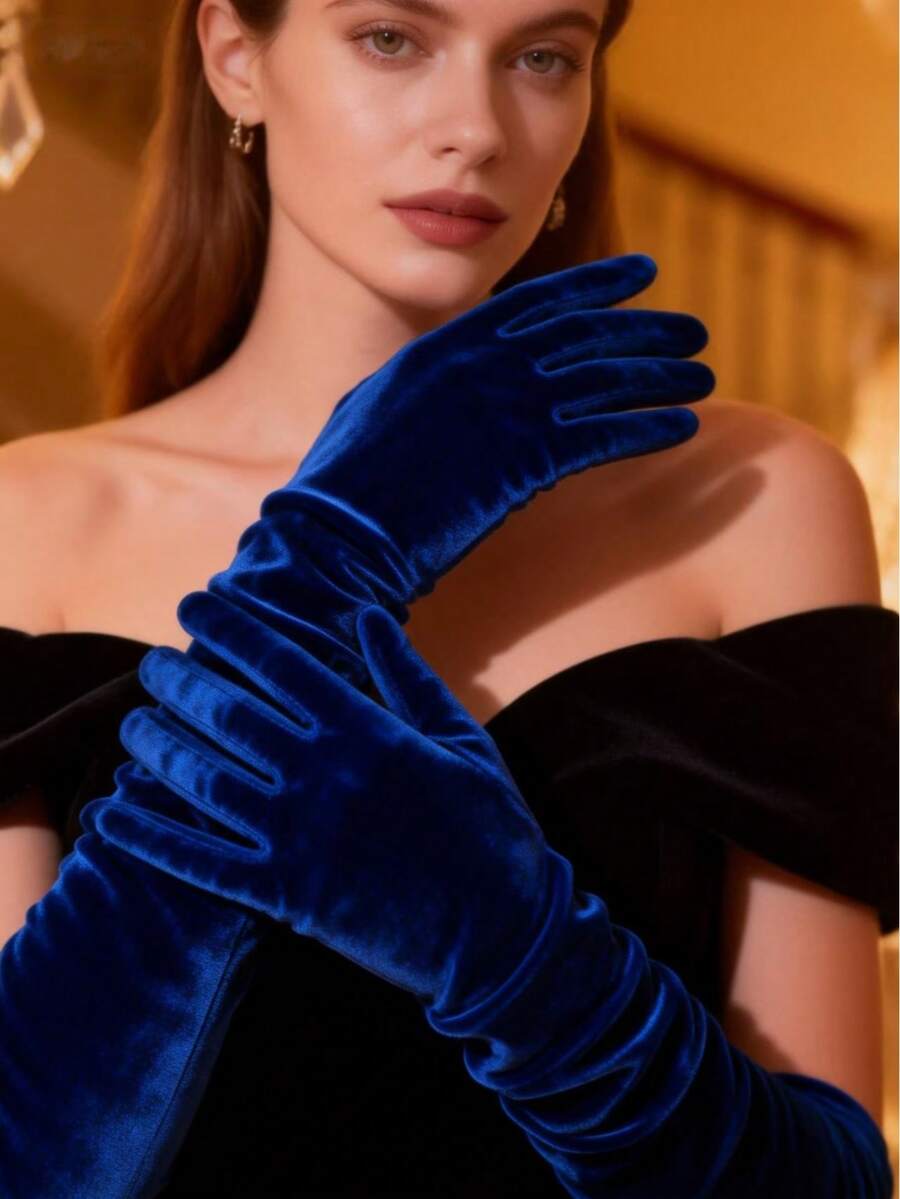 1 Pair Women's Black Velvet Gloves, Sexy For Evening Party And Ball Summer - Blue - View 1