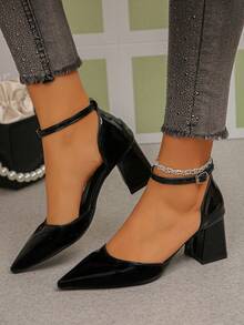 女士纯色西部风格优雅性感搭扣尖头粗跟办公凉鞋 - 黑色 - 查看 4