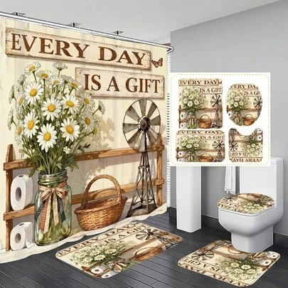 1pc/3pcs/4pcs Rustic Wood Grain Daisy Multifunction Bathroom Decor Shower Curtain Set, Free 12 Hooks Included, Elegant Holiday Atmosphere, Bathroom Mat, U-Shaped Floor Mat And Round Toilet Mat, Suitable For All Scenarios Bathroom Set